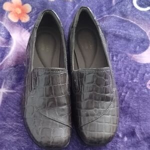Clarks Glossy Black Croc-Embossed Loafers